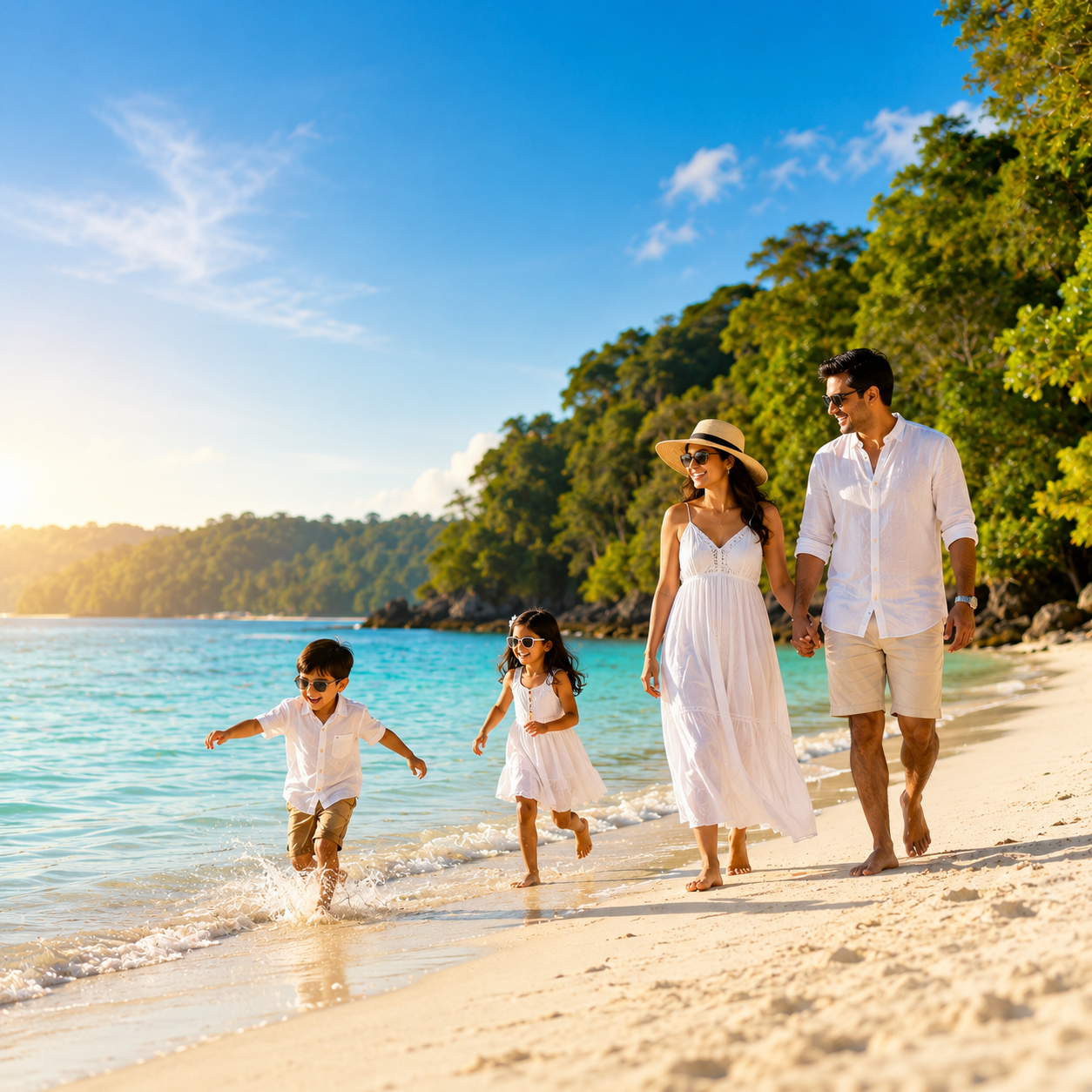 Family walking together along an Andaman beach